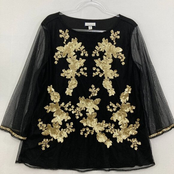 Charter Club size XL Black Gold Sequins Mesh Stretch Blouse Evening Formal - Picture 1 of 10